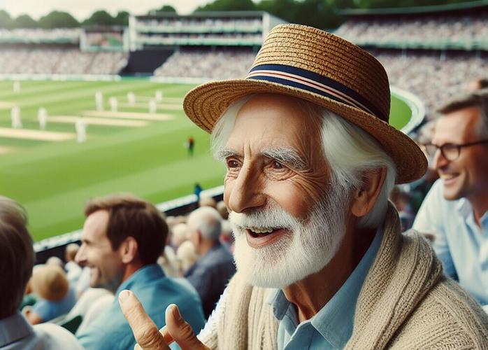 Old man at the cricket talking with mates